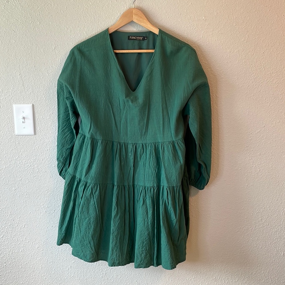 3/4 Sleeve Green Babydoll V Neck Tiered Dress